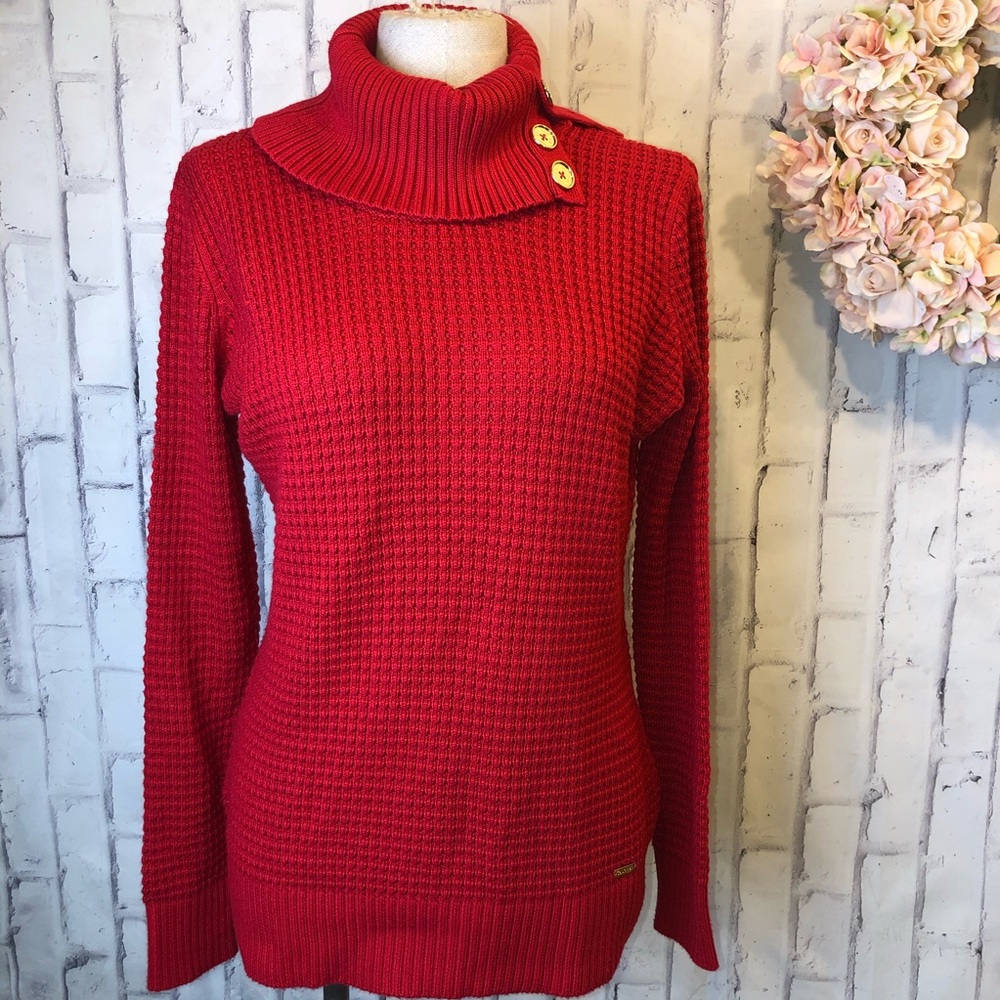Calvin Klein red cable knit turtleneck sweater